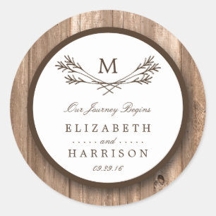 Sticker Rond Country Rustic Monogram Branche & Mariage bois