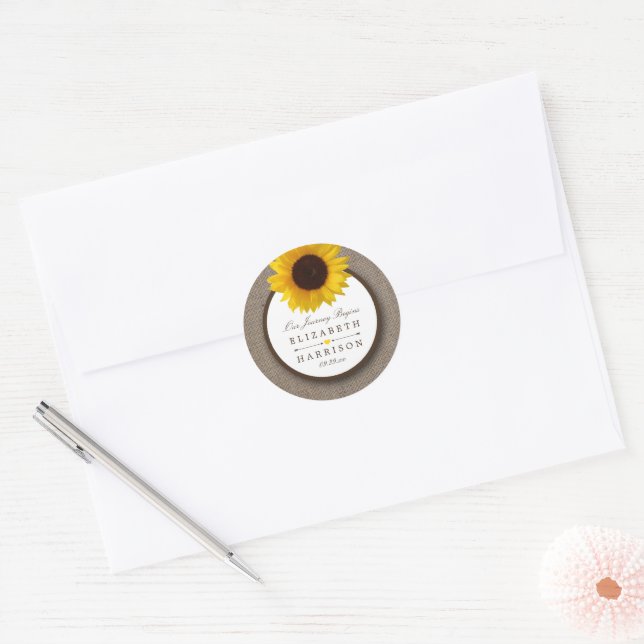 Sticker Rond Country Rustic Tournesol & Mariage Burlap (Enveloppe)