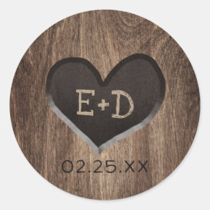 Sticker Rond Country Wood Heart Monogramme Rustique Mariage