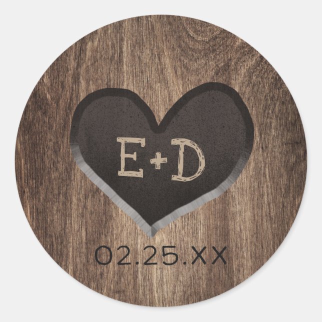 Sticker Rond Country Wood Heart Monogramme Rustique Mariage (Devant)