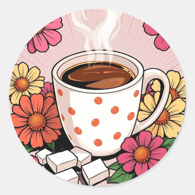 Sticker Rond Coupe et fleurs de café Polka Dot Cute (Devant)