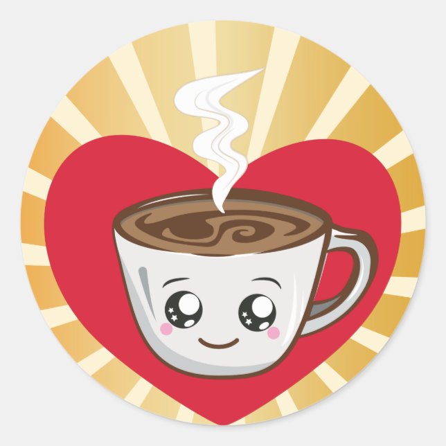 Sticker Rond Coupe Kawaii de café avec amour le matin (Devant)