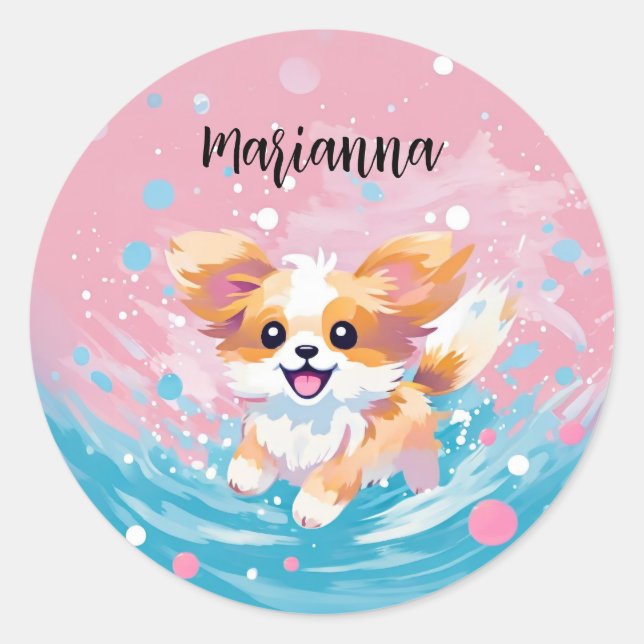 Sticker Rond Coupe Papillon Joueuse : Tache de rose et de bleu (Devant)