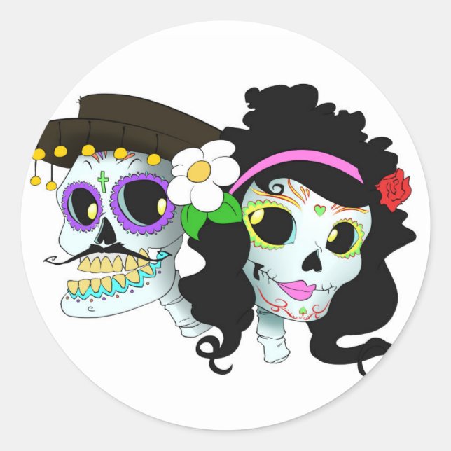 Sticker Rond Couple de crâne festif mexicain (Devant)