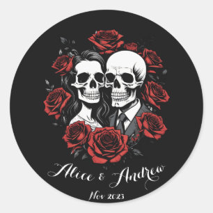 Sticker Rond Couple de crânes gothique avec des roses nom perso
