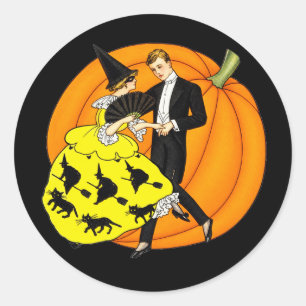 Sticker Rond Couple de danseurs Halloween Vintage Citrouille