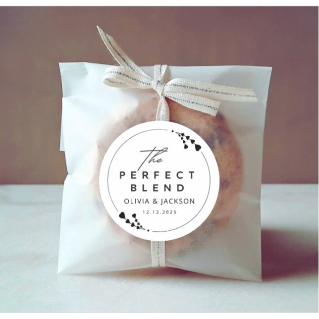 Sticker Rond Couple de mariage élégant moderne Texte noir  (Modern custom wedding couple name the perfect blend sticker)