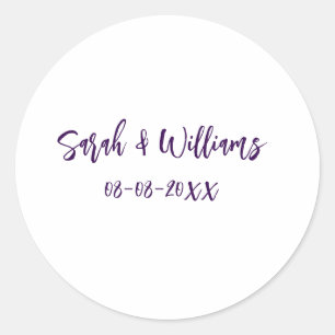 Sticker Rond couple de mariages. Nom date violet simple mo mini