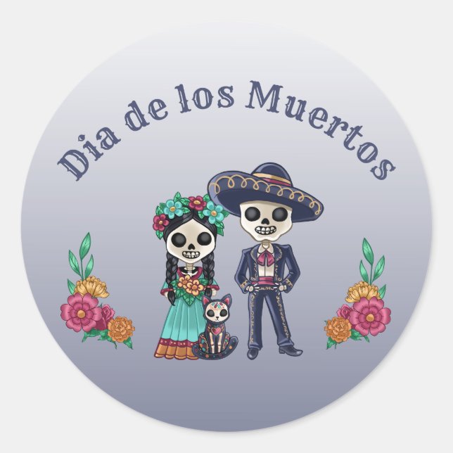 Sticker Rond Couple et chat pour la fête des morts (Devant)
