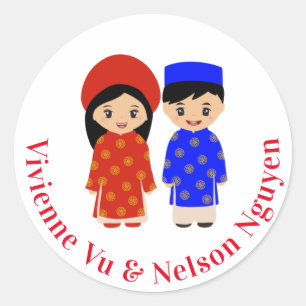 Sticker Rond Couple Mariage traditionnel vietnamien Ao Dai