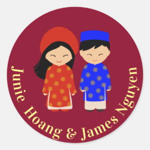 Sticker Rond Couple Mariage traditionnel vietnamien Ao Dai