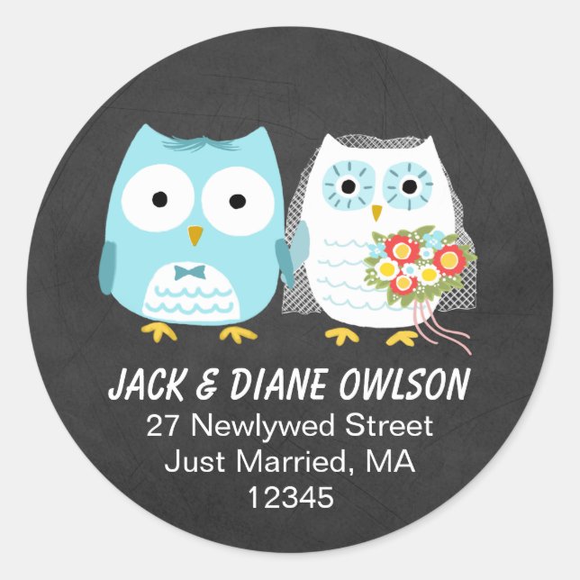 Sticker Rond Couple marié à neuf Chouettes | Adresse de retour  (Devant)