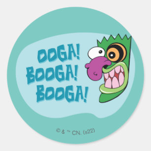 Sticker Rond Courage du chien lâché   Ooga Booga Booga Booga !