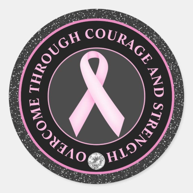 Sticker Rond Courage et Force – Ruban Rose de Sensibilisation (Devant)