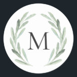 Sticker Rond Courbe d'aquarelle verte rustique Monogramme simpl<br><div class="desc">Sticker Monogramme simple et rustique avec illustration florale d'aquarelle aux branches d'olivier vertes. Il est parfait pour les événements de printemps,  d'été et de plage. Pour une personnalisation plus avancée de cette conception,  cliquez sur le bouton "Customiser" ci-dessus ! Des articles correspondants sont également disponibles.</div>