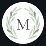 Sticker Rond Courbe d'aquarelle verte rustique Monogramme simpl<br><div class="desc">Sticker Monogramme simple et rustique avec illustration florale d'aquarelle aux branches d'olivier vertes. Il est parfait pour les événements de printemps,  d'été et de plage. Pour une personnalisation plus avancée de cette conception,  cliquez sur le bouton "Customiser" ci-dessus ! Des articles correspondants sont également disponibles.</div>