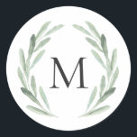 Sticker Rond Courbe d'aquarelle verte rustique Monogramme simpl<br><div class="desc">Sticker Monogramme simple et rustique avec illustration florale d'aquarelle aux branches d'olivier vertes. Il est parfait pour les événements de printemps,  d'été et de plage. Pour une personnalisation plus avancée de cette conception,  cliquez sur le bouton "Customiser" ci-dessus ! Des articles correspondants sont également disponibles.</div>