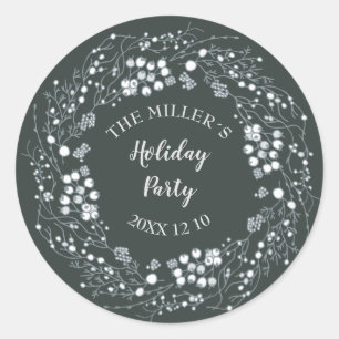 Sticker Rond Courbe fleurie de baies blanches d'hiver sur vert