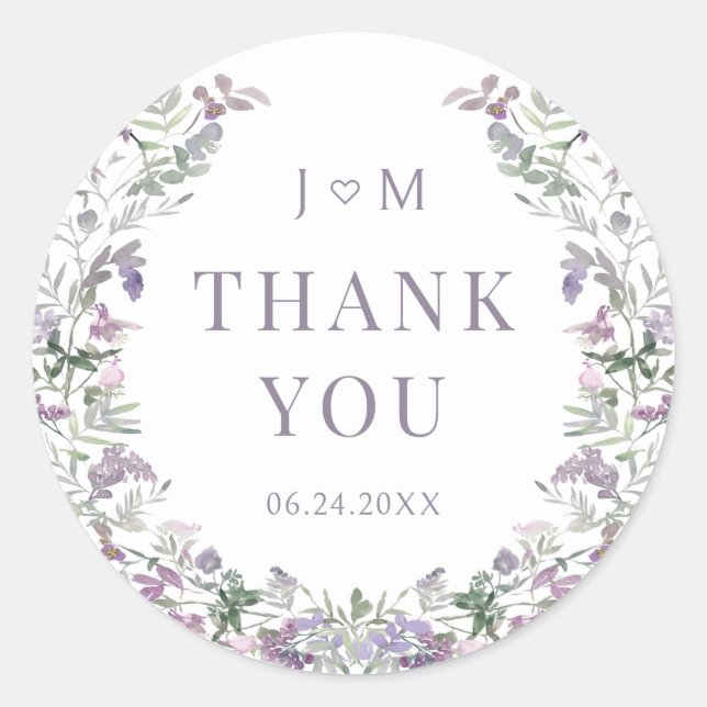 Sticker Rond Courbe fleurie violette boho jardin mariage merci (Devant)