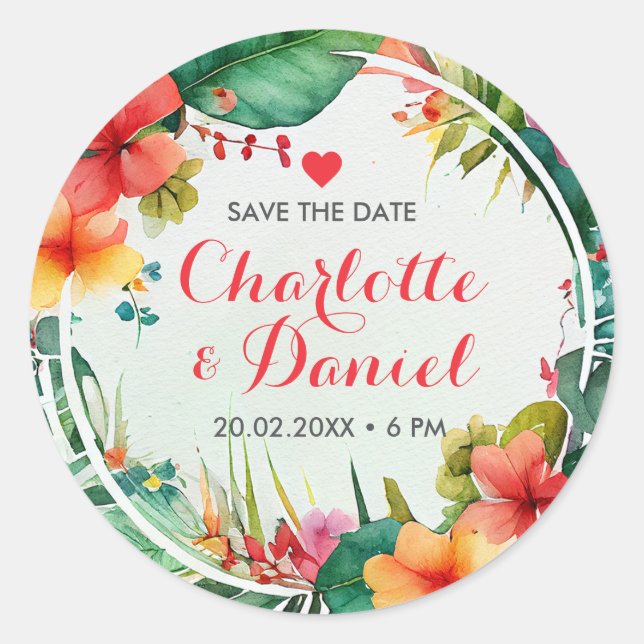 Sticker Rond Courbe florale topique | Enregistrer La Date | MAR (Devant)