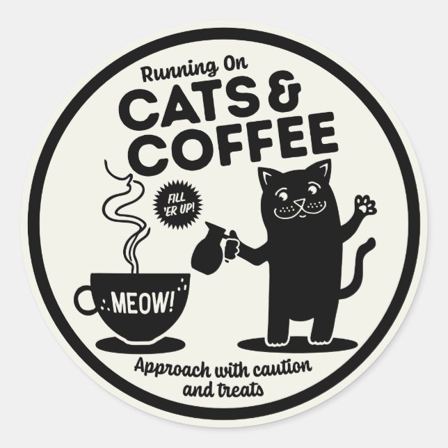 Sticker Rond Courir avec des chats et du café  (Devant)
