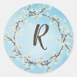 Sticker Rond couronne à brindilles florales avec monogramme