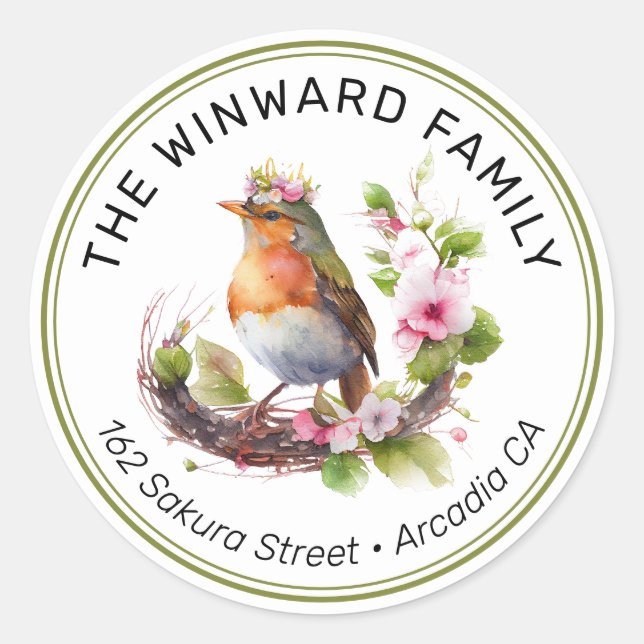 Sticker Rond Couronne aquarelle Adresse Oiseau de Printemps (Devant)