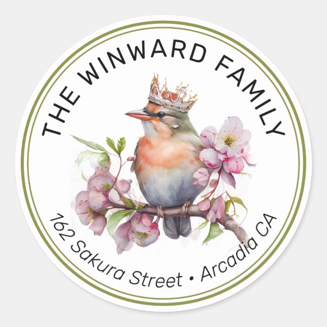 Sticker Rond Couronne aquarelle Oiseau de printemps Adresse (Devant)