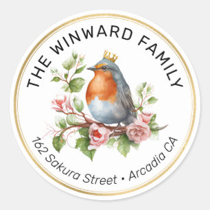 Sticker Rond Couronne aquarelle Robin du printemps Adresse