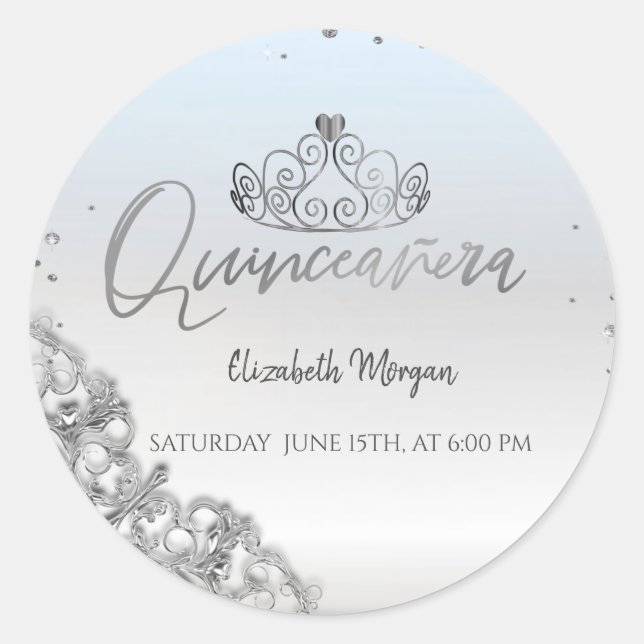 Sticker Rond Couronne argentée chic, Quinceañera diamants  (Devant)