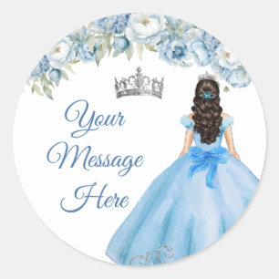 Sticker Rond Couronne argentée florale bleue Quinceañera Votre 