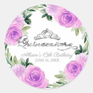Sticker Rond Couronne argentée Quinceanera Fleurs Lilas Clair
