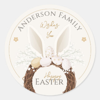 Sticker Rond Couronne aux oreilles de lapin Joyeuses Pâques Nid