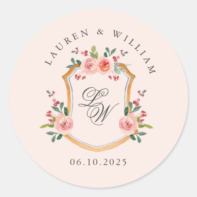 Sticker Rond Couronne avec monogramme rose mariage  (Devant)