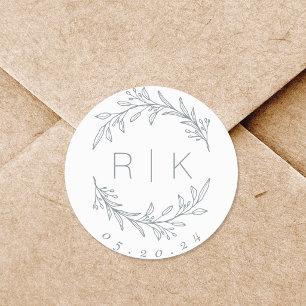 Sticker Rond Couronne botanique d'art de ligne bleue Monogramme