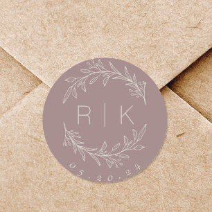 Sticker Rond Couronne botanique d'art de ligne rose Monogramme