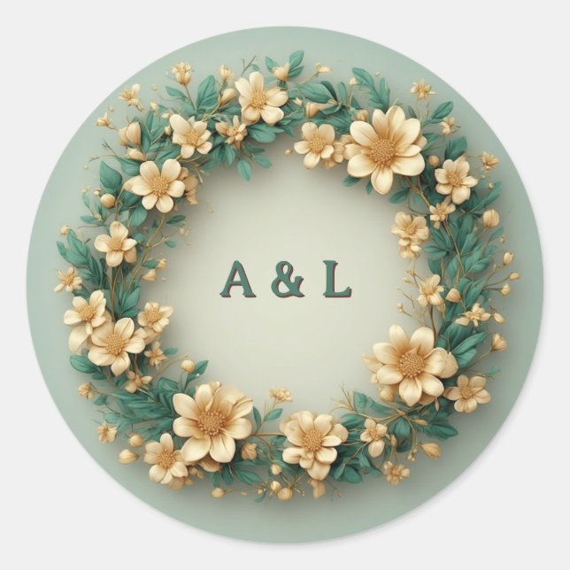 Sticker Rond Couronne botanique dorée sur fond vert ✨ (Devant)