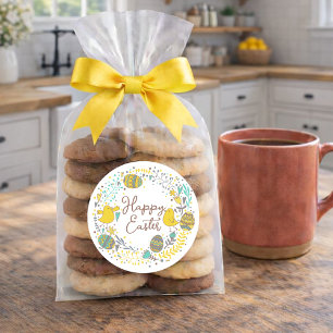 Sticker Rond Couronne colorée d'oeufs de Joyful Chicks et salut