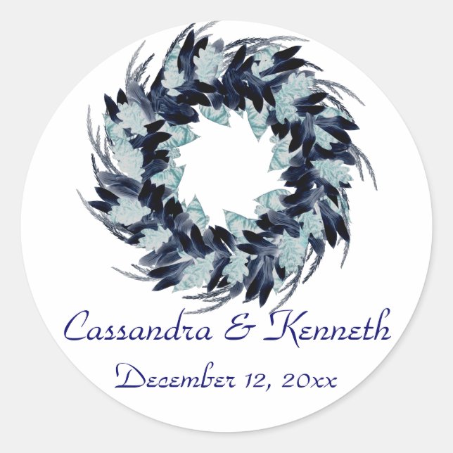 Sticker Rond "Couronne dans les tons de bleu" avec Mariage Date (Devant)