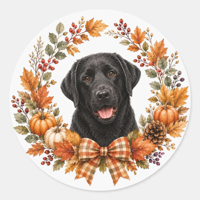 Sticker Rond Couronne d'automne de Labrador noir (Devant)