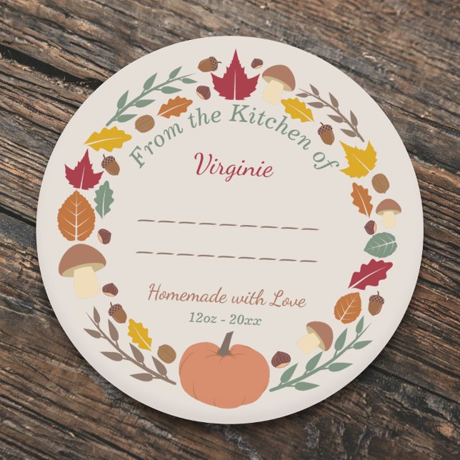 Sticker Rond Couronne d'automne fait maison avec chevalet Étiqu (Autumn Wreath Homemade with Love Label Sticker)