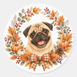 Sticker Rond Couronne d'automne Pug
