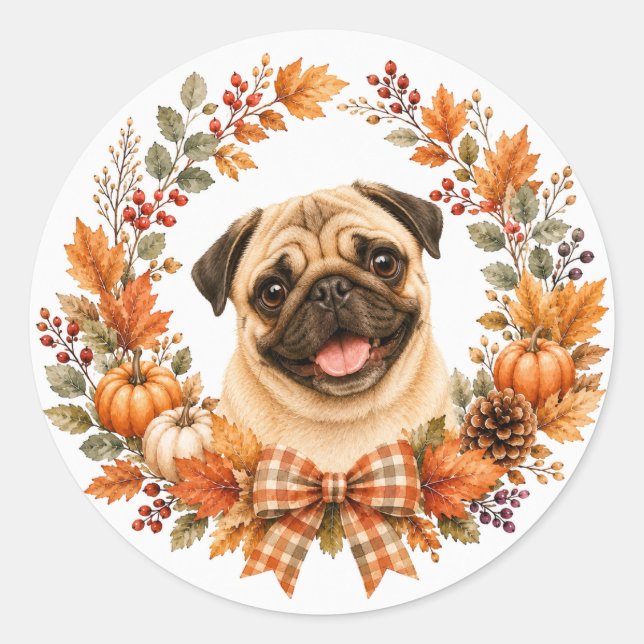 Sticker Rond Couronne d'automne Pug (Devant)