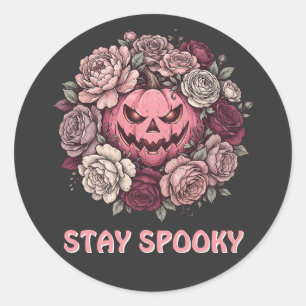 Sticker Rond Couronne de citrouille rose Stay Spooky Floral