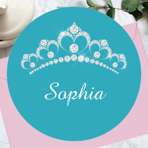Sticker Rond Couronne de diamant blanc, nom manuscrit, sarcelle
