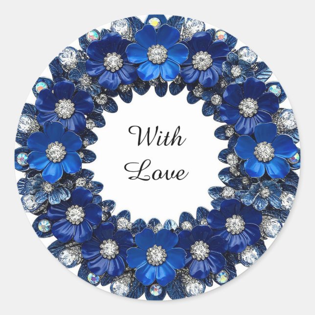 Sticker Rond Couronne de diamants floraux bleus élégants (Devant)