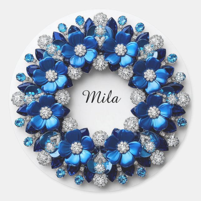 Sticker Rond Couronne de diamants floraux bleus élégants (Devant)