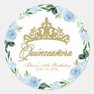 Sticker Rond Couronne de Dieu pour Quinceanera Fleur Bleu Bébé