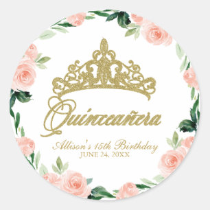 Sticker Rond Couronne de Dieu Quinceanera Rose Pâle Florale 