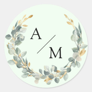 Sticker Rond Couronne de eucalyptus élégante avec monogramme
